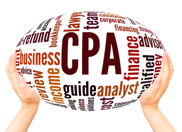 CPA - mérlegképes könyvelő szó felhő kézzel gömb fogalmát a fehér háttér. - Fotó, kép