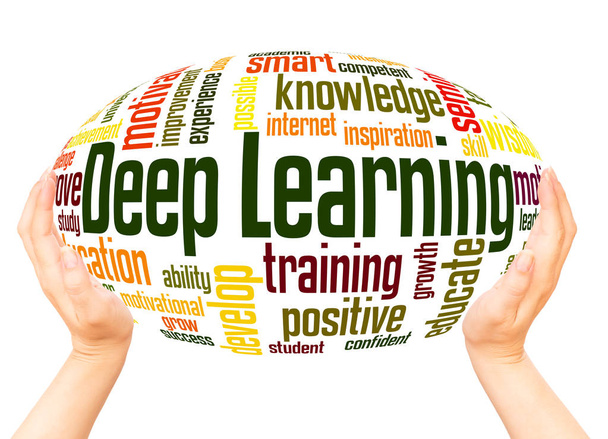 Palabra aprendizaje profundo nube mano esfera concepto sobre fondo blanco
. - Foto, imagen