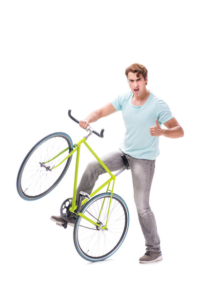 Young man with cycle isolated on white - Fotó, kép