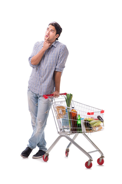 Young man with supermarket cart trolley on white - Foto, Bild