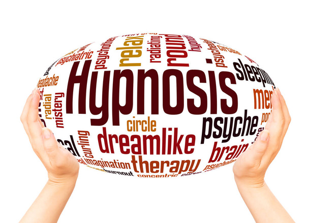 Hypnose Wort Wolke Hand Kugel Konzept auf weißem Hintergrund. - Foto, Bild