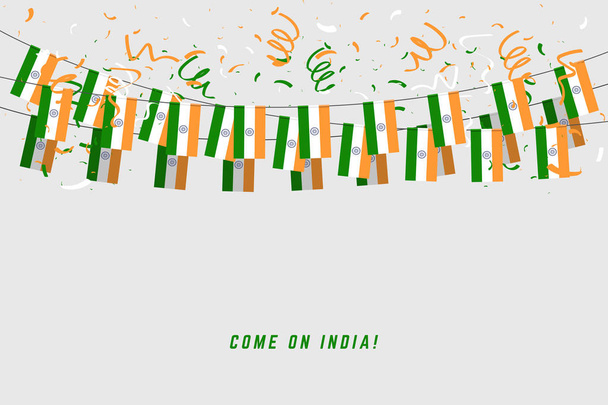 Индийский флаг гирлянды с конфетти на сером фоне, повесить бантинг для индийского баннера шаблон празднования
. - Вектор,изображение