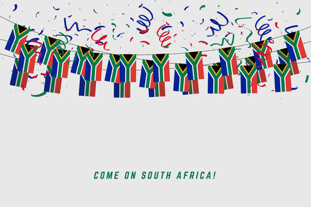 Vlajka Jižní Afrika věnec s konfety na šedém pozadí, pověsit, ulil Jižní Afrika oslava šablona nápisu. - Vektor, obrázek