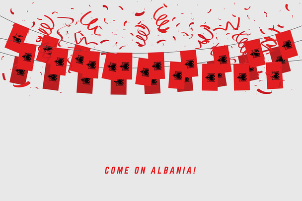 Bandera de la guirnalda de Albania con confeti sobre fondo gris, banner de la plantilla de celebración Hang bunting for Albania
. - Vector, imagen