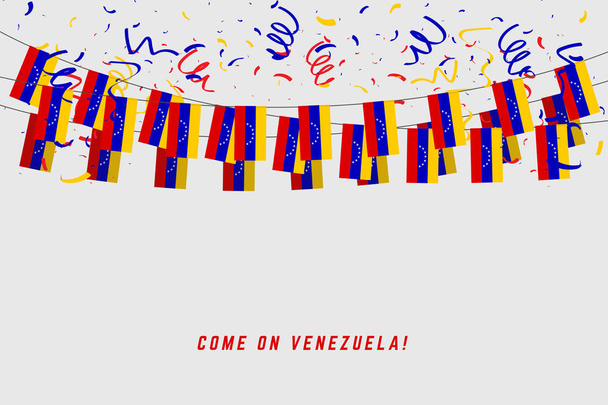 Venezuela věnec vlajka s konfety na šedém pozadí, pověsit, ulil Venezuela oslava šablona nápisu. - Vektor, obrázek
