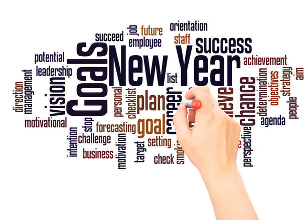 New Year Goals word cloud and hand with marker concept on white background. - Photo, Image
