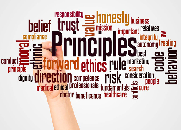 Principles word cloud and hand with marker concept on white background. - Photo, Image