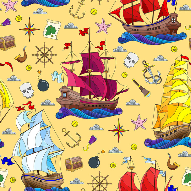 Varrat nélküli mintát a téma a tengeri utazás, vitorlások és a hajó kezelésére a sárga háttérrel - Vektor, kép