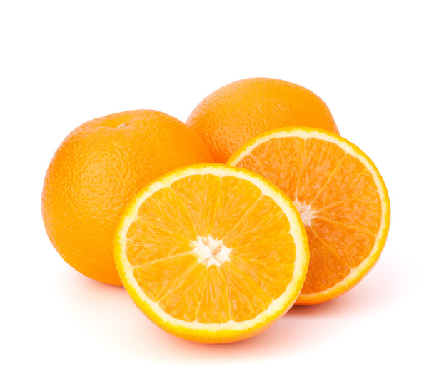 Sliced orange fruit segments isolated on white background - Foto, Bild