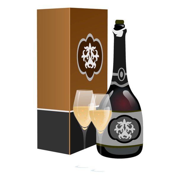 Black bottle at box with two filled glasses - Διάνυσμα, εικόνα