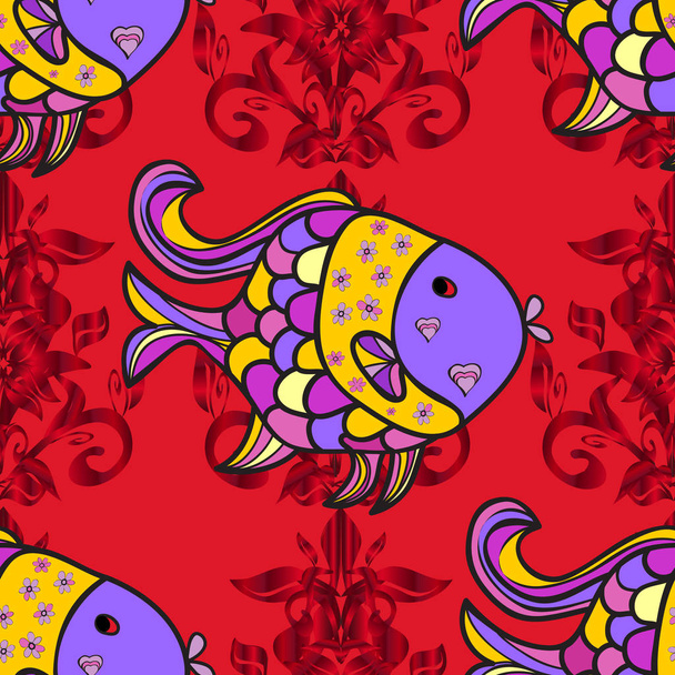 海の熱帯魚。シームレスです。紫、赤とグレー。服のデザインのおしゃれなテンプレートです。ファッショナブルな古典刺繍熱帯の海、魚。ベクター デザイン。刺繍海ライフ コレクション. - ベクター画像