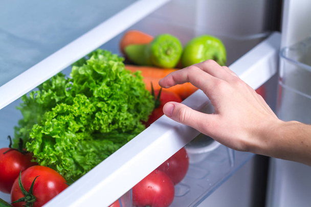 Opened refrigerator full of fresh vegetables. Healthy and right food - Fotoğraf, Görsel