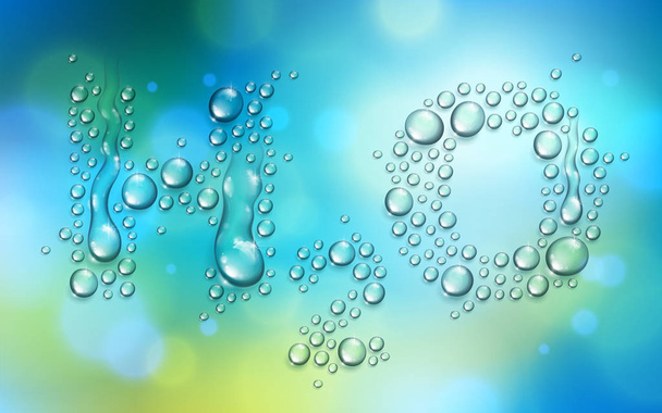 H2O γράμματα σχεδιασμένα με ρεαλιστικό νερό σταγόνες με θολή φόντο πέρα, διανυσματικά εικονογράφηση θέμα οικολογία, οικοσύστημα, προστασία του περιβάλλοντος - Διάνυσμα, εικόνα