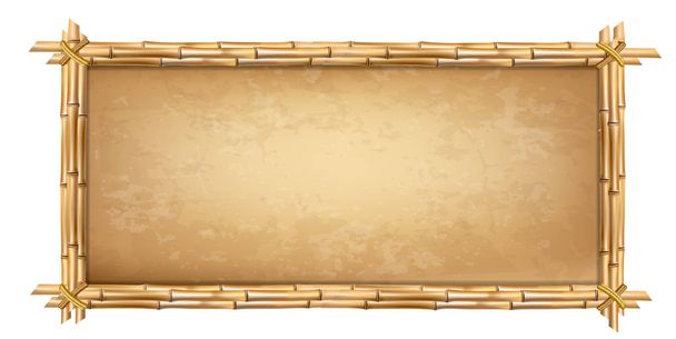 Houten frame gemaakt van bruin bamboestokken met higly gedetailleerde vintage papier leeg of canvas. Versleten papyrus sjabloon, oude grungy poster met ruimte voor tekst. illustraties geïsoleerd op witte achtergrond. - Foto, afbeelding