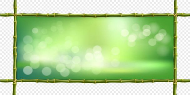 Δημιουργική απεικόνιση του πράσινο μπαμπού μπαστούνια πλαίσιο συνόρων, bokeh θάμπωμα του φόντου και θολές λευκούς κύκλους μέσα στο απομονωμένο. Αφηρημένη έννοια τροπικό πινακίδα με κενό αντίγραφο χώρο για το κείμενο. - Φωτογραφία, εικόνα