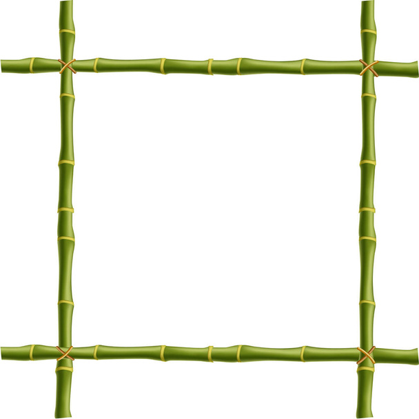 Holzrahmen aus grünen Bambusstäben, die mit Seilen umrandet sind und leeren Raum für Text oder Bild bieten. Attrappe, Clip Art, Rand, Vorlage, Fotorahmen isoliert auf weißem Hintergrund. - Foto, Bild