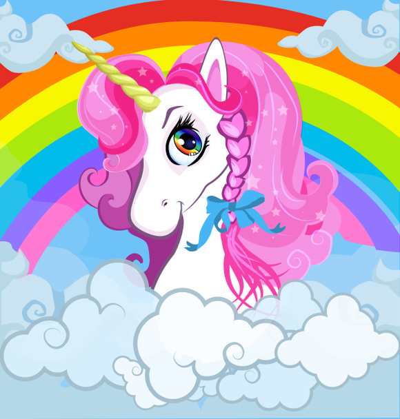 Cartoon-weißes Pony Einhornkopf mit rosa Mähne Porträt auf hellem Regenbogen mit Wolken Himmel Hintergrund. Illustration für T-Shirt-Grafik, Kinderbekleidung, Druck, Babybuchumschlag, Postkartendesign - Foto, Bild