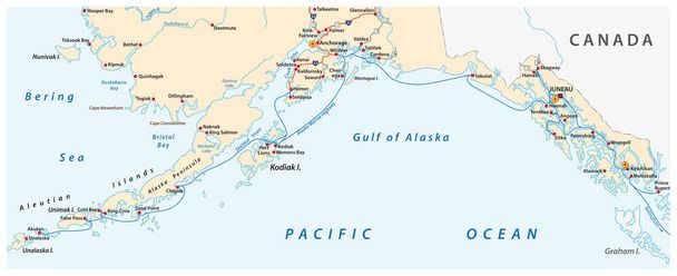 Mapa del Alaska Marine Highway System, ferry, Estados Unidos
 - Vector, Imagen