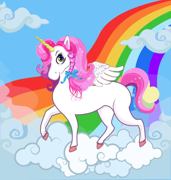 Bebé de dibujos animados multicolor Ilustración de personaje de princesa unicornio pony blanco con grandes ojos, cuerno de oro, alas de plumas y melena rosa de pie en las nubes con arco iris. Banner, póster, postal
. - Foto, imagen