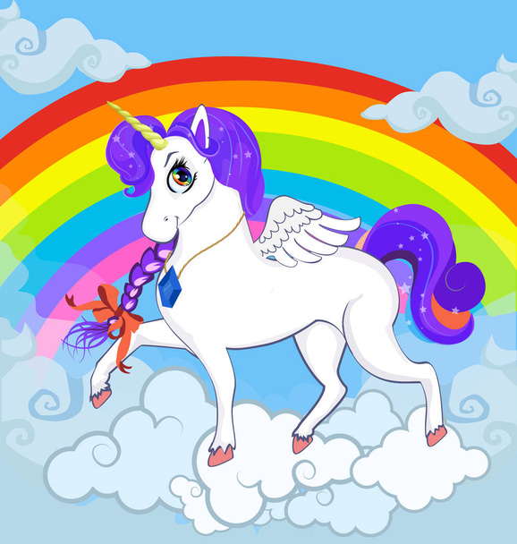 Bebé de dibujos animados multicolor Ilustración de personaje de princesa unicornio pony blanco con grandes ojos, cuerno de oro, alas de plumas y melena violeta de pie en las nubes con arco iris. Banner, póster, postal
. - Foto, imagen