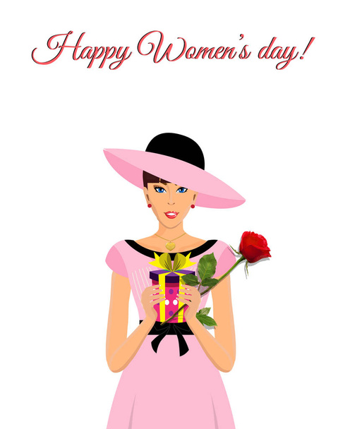 Onnellinen naisten päivä onnittelukortti söpö ihana tyttö vaaleanpunainen mekko ja hattu tilalla lahja ja kaunis punainen ruusu käsissä eristetty valkoisella taustalla
. - Valokuva, kuva