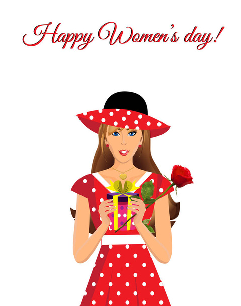 Tarjeta de felicitación del día de las mujeres felices con linda chica adorable en vestido rojo con estampado de lunares y sombrero que sostiene el regalo y hermosa rosa en las manos aisladas sobre fondo blanco
. - Foto, imagen