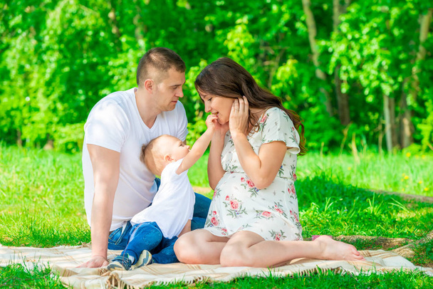 mutlu aile hamile anne parkta, dinlenme paket üzerinde - Fotoğraf, Görsel