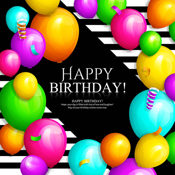 Gelukkige verjaardag-wenskaart. Stelletje kleurrijke ballonnen, slingers en confetti. Stijlvolle belettering op gestreepte achtergrond. Vector. - Vector, afbeelding