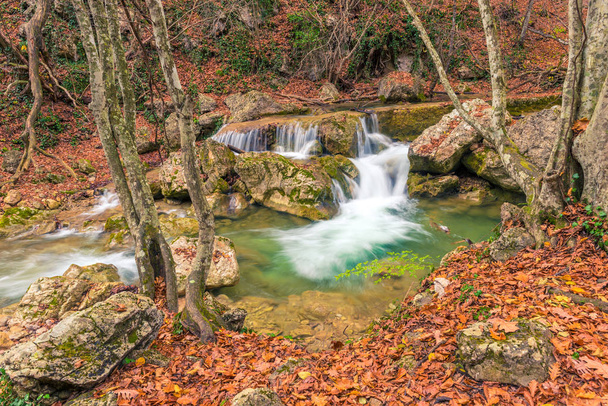 en una hermosa ubicación natural en el bosque de montaña de otoño pequeñas cascadas y un río
 - Foto, Imagen