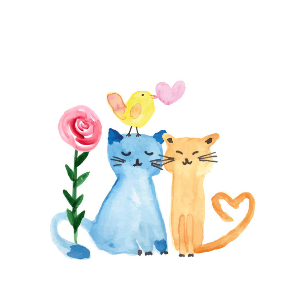 Tatlı kediler, kuş ve çiçek Sevgililer günü için mükemmel renkli sulu boya resimde - Vektör, Görsel