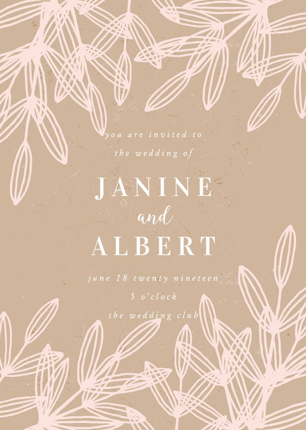 Wedding invitation template with hand drawn floral elements in pastel pink on craft paper background and sample text layout. - Vector, Image
