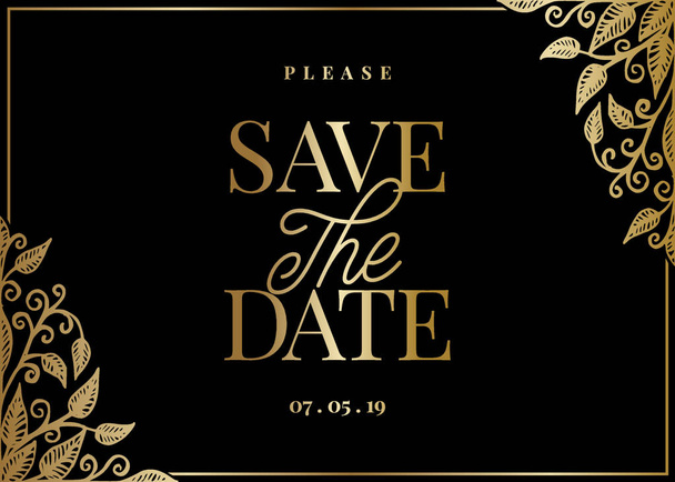 Save the Date template with hand drawn golden leaf shapes and sample text layout on black background. - Vector, Image