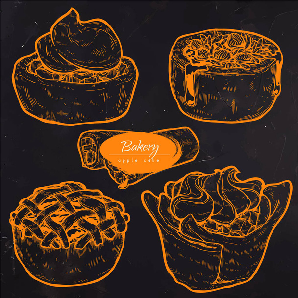 Sweet pastries, traditional cake, tart and pie. Vector set of vintage hand drawn sketch baking on dark background. Fruit and berry stuffing, apples, pears, etc. Illustration for cooking site, menus, books. - Vector, Image