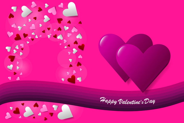Trendy pink vector on love theme showing two pink hearts in the right side of the vector. Many small hearts with a free place for your text are in the left side. The purple wave is under them. - Vector, Image