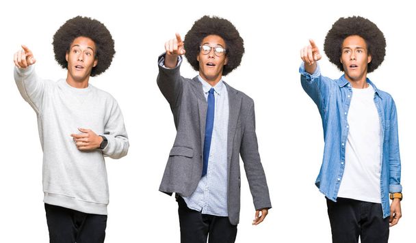 Collage di giovane uomo con i capelli afro su sfondo bianco isolato Indicazione con il dito sorpreso avanti, bocca aperta espressione stupita, qualcosa di fronte
 - Foto, immagini