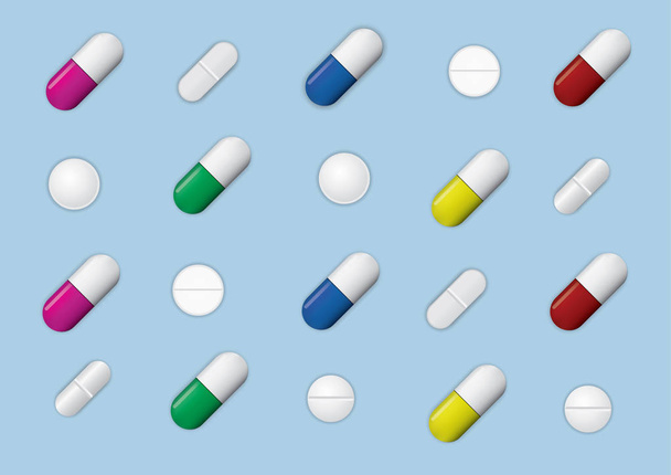 Set of different pills and capsules isolated on blue background , vector illustration - Vector, Image