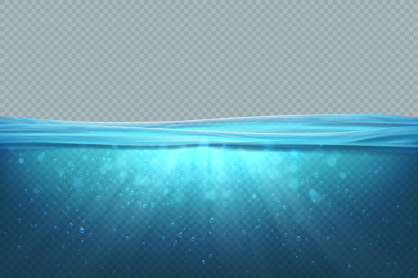 Transparante onderwater achtergrond. Realistische blauwe zee wateroppervlak, 3d Oceaan zwembad meer diepe golf concept. Marine - Vector, afbeelding