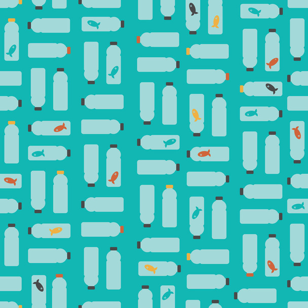 Naadloze patroon: Dood vissen in Plastic flessen op licht blauwe achtergrond. - Vector, afbeelding
