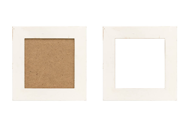 set of two old white wood picture frames with passepartout, isolated on white - Photo, Image