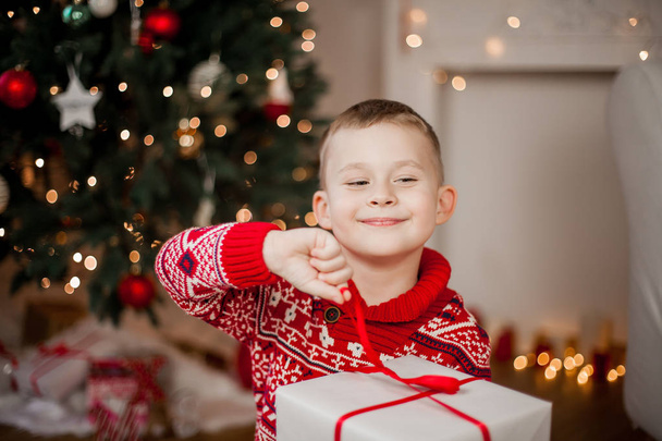 Little cute boy in the red Christmas sweater sits near the Christmas tree. Portrait of a happy boy of 4 years old with a gift box. Holidays. Christmas. New Year. - Photo, image