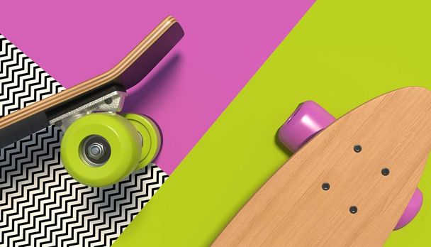 Wooden skateboard with bright colored wheels on a colorful background with geometric patterns. Copy space. Minimalistic creative concept. 3D render. - Foto, Imagem