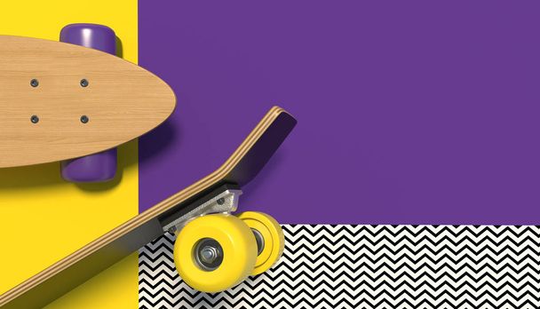 Skateboard in legno con ruote colorate su uno sfondo colorato con motivi geometrici. Ricevuto. Concetto creativo minimalista. Rendering 3D
. - Foto, immagini
