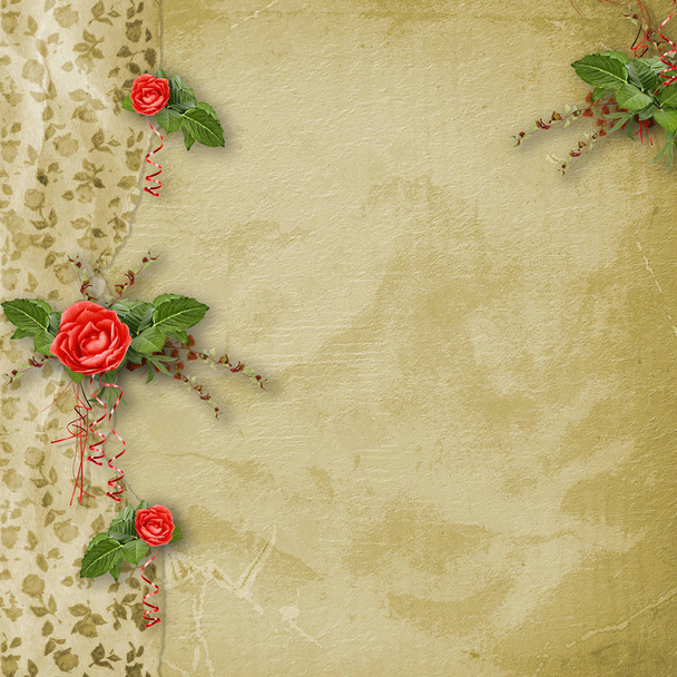 Tarjeta de vacaciones con hermosas rosas y arco para una foto para invitación o felicitación
 - Foto, imagen