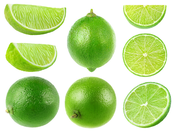 Isolated limes. Collection of whole and lime fruits isolated on white background with clipping path - Photo, Image