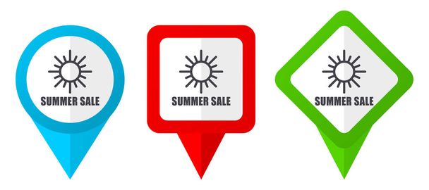 Summer sale red, blue and green vector pointers icons. Set of colorful location markers isolated on white background easy to edit in eps 10 - Vector, imagen
