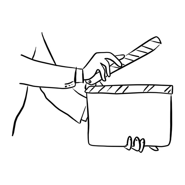 gros plan homme d'affaires tenant film clappeur conseil vectoriel illustration croquis gribouille dessiné à la main avec des lignes noires isolées sur fond blanc
 - Vecteur, image