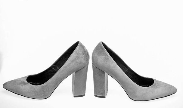 Shoes made out of grey suede on white background, isolated. Pair of fashionable high heeled shoes. Footwear for women with thick high heels. Female footwear concept - Fotó, kép