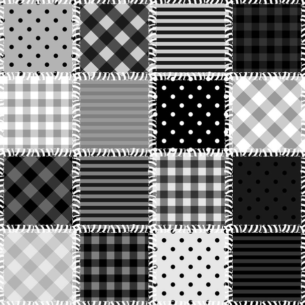 black and white patchwork background with different patterns - Vector, Image