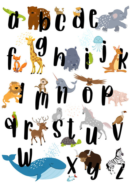 Αλφάβητο των ζώων. Εικόνα μοναδική αλφάβητο των ζώων. Μπορεί να χρησιμοποιηθεί ως αφίσα, καρτ ποστάλ, ευχετήριες κάρτες, flayer, δώρο ετικέτα προσκλήσεις ή κάτι άλλο! Να περάσεις καλά! - Διάνυσμα, εικόνα