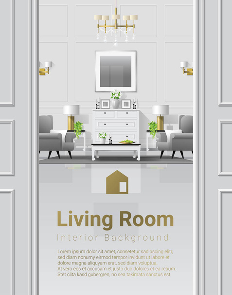 Luxe woonkamer interieur achtergrond met meubilair in klassieke stijl, vector illustratie - Vector, afbeelding
